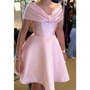 Pink Off-Shoulder Pearl Embellished Party Dress